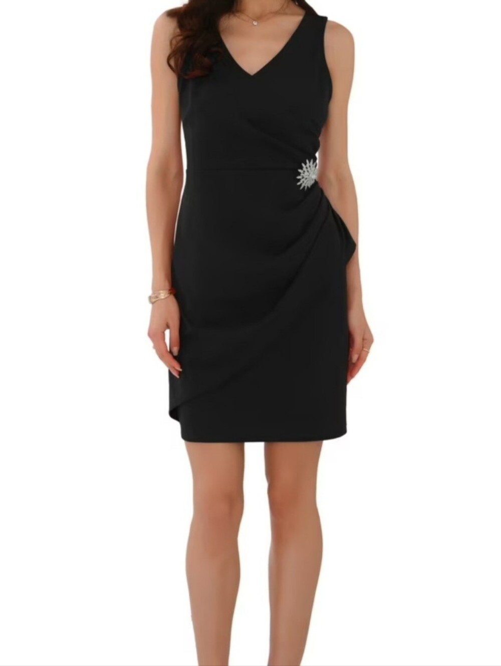 Enfocus Studio  Sleeveless Deep V neck dress w/side ruched, rhinestone
